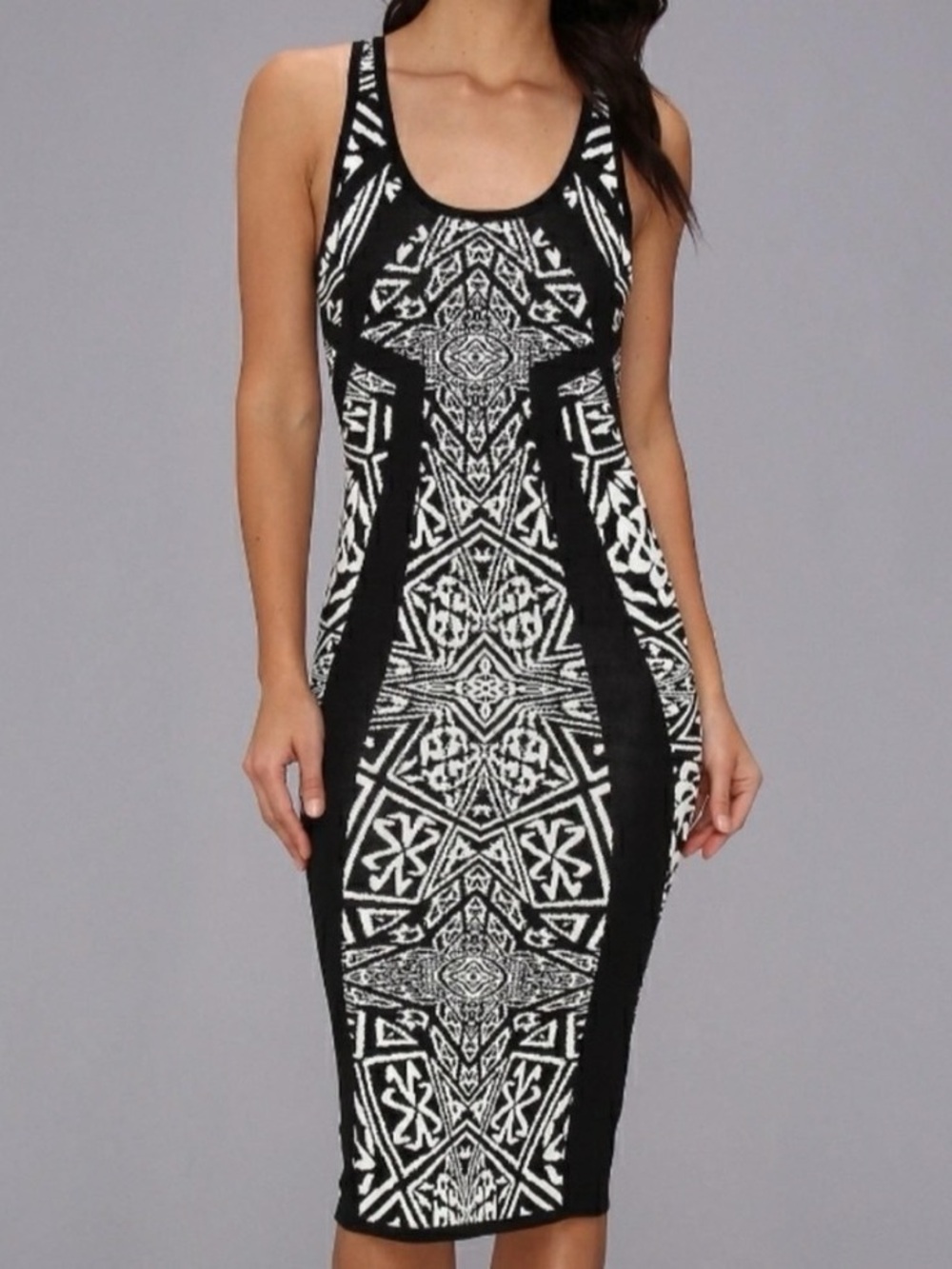 Nicole Miller Artelier Black White Maze Stretch Knit Bodycon Sheath Midi Dress